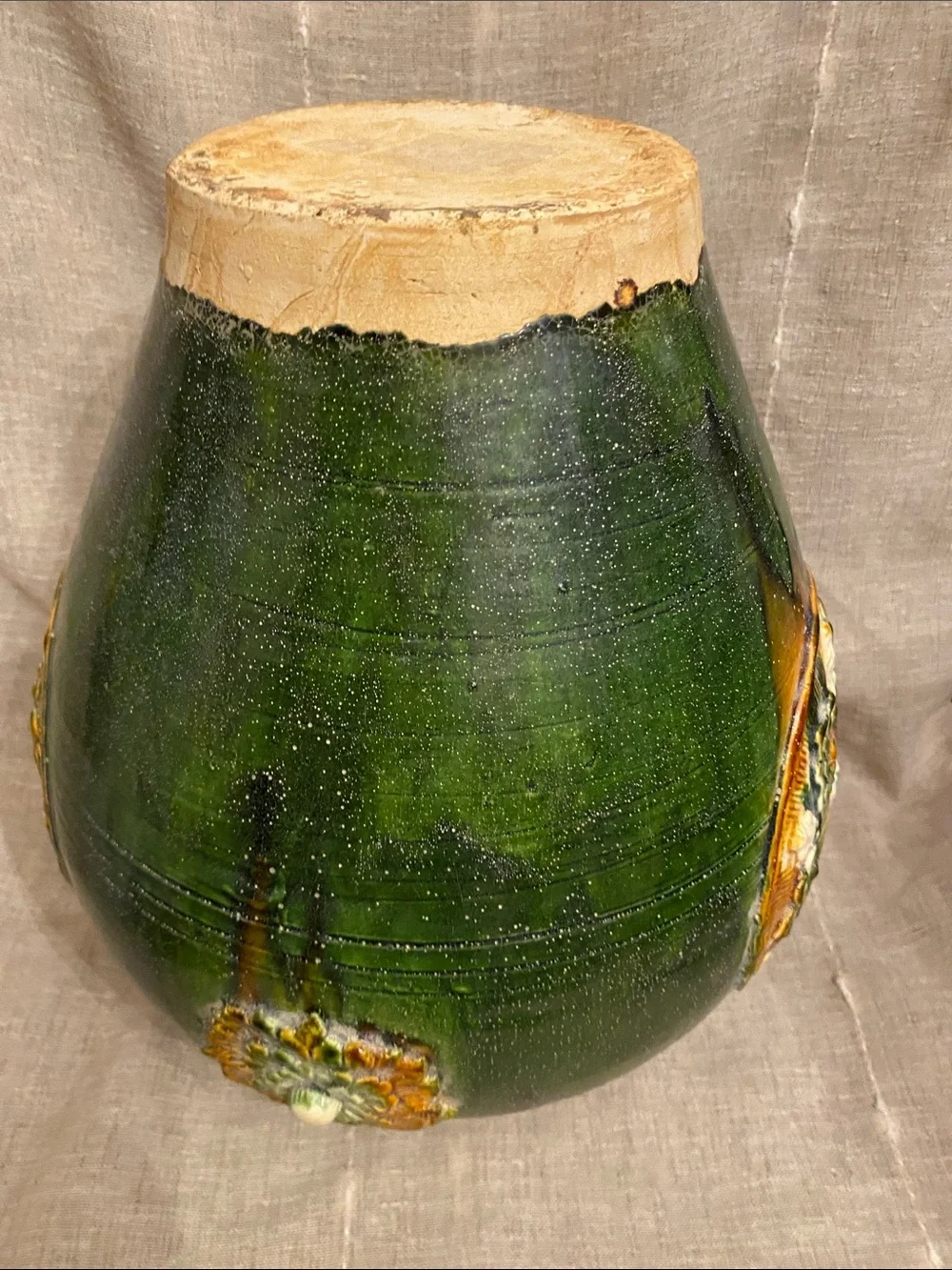 Green Ceramic Sancai-glazed Style Vase with Chinese Raised Floral Medallions